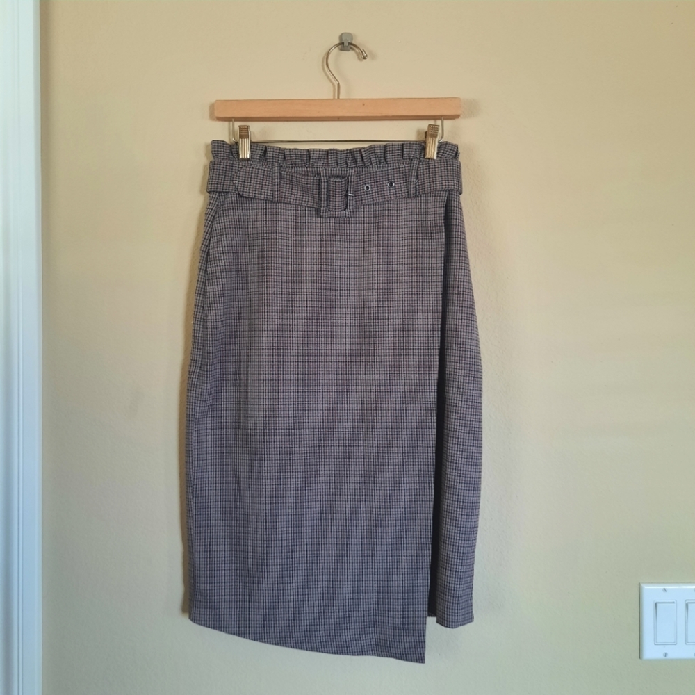 Vila Checker Skirt Plaid Ruffle Top Asymmetrical Hem Belt Wrap Skirt